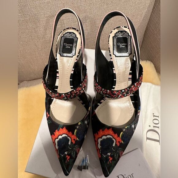 Christian Dior floral satin printed slingback pumps size 41,5 - Picture 6 of 13